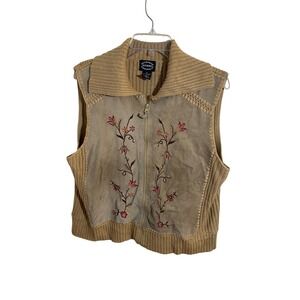 Designers Studio Originals Tan Leather Floral Embroidered Zip Up Sweater Vest XL